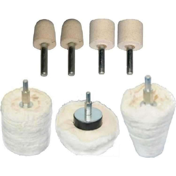 Pro-Max mounted polishing wheel set with seven white cotton and felt buffing wheels, varied shapes and metal shafts