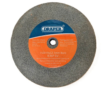 Replacement 6" grinding wheel, grey coarse abrasive disc with blue and orange Draper label and centre bore