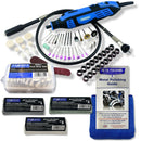 Rotary Multi Hobby Tool in blue and black with flexi shaft, rotary accessories, felt bobs and metal polishing compounds
