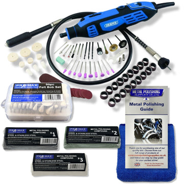 Rotary Multi Hobby Tool in blue and black with flexi shaft, rotary accessories, felt bobs and metal polishing compounds