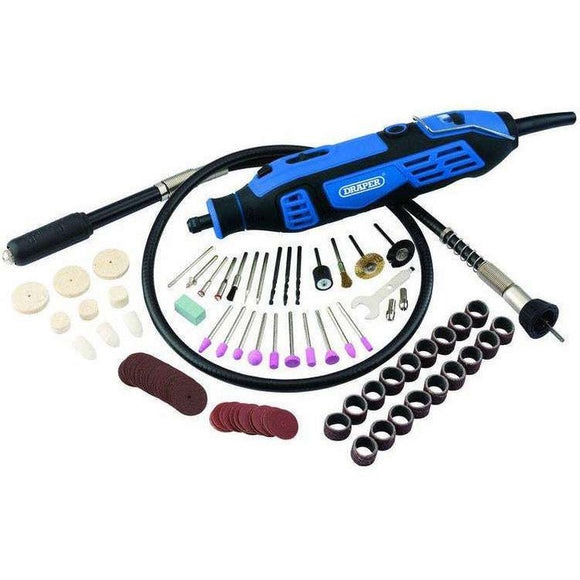 Rotary Multi Hobby Tool in blue and black with flexible shaft and assorted polishing, cutting and sanding accessories