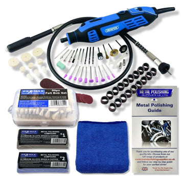 Rotary Multi Hobby Tool in blue and black with flexi shaft, accessories, felt bobs, polishing compounds and cloth