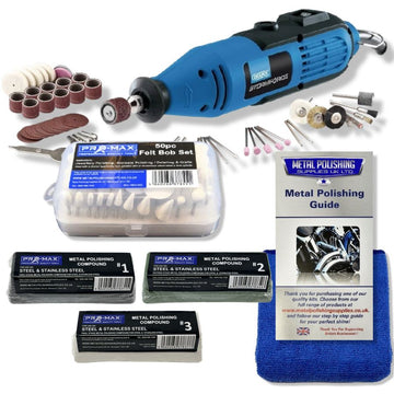 Rotary Multi Hobby Tool in blue with metal polishing kit, felt bobs, compounds, guide and blue microfibre cloth