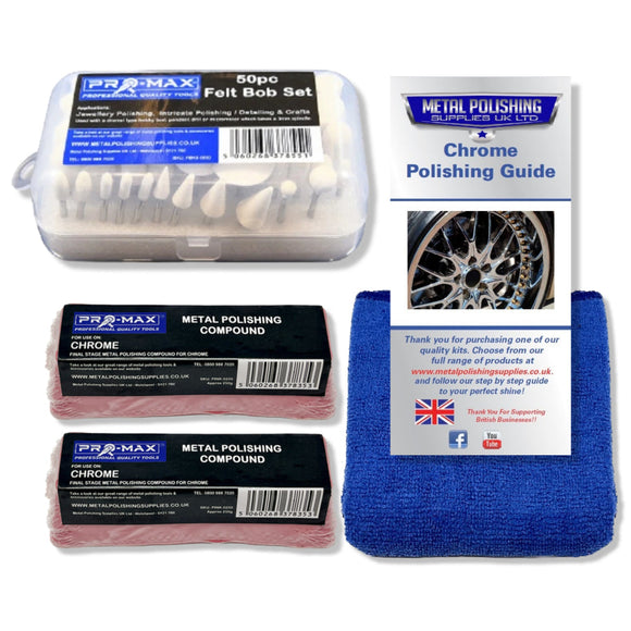 Rotary Multi Hobby Tool chrome felt bob polishing kit with storage case, compounds, guide and blue microfibre cloth