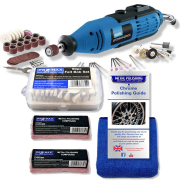 Rotary Multi Hobby Tool in blue and black with chrome polishing kit, felt bobs, compounds and storage case