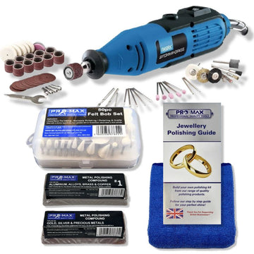Rotary Multi Hobby Tool with blue 135W rotary drill, assorted accessories, felt bobs, polishing compounds and cloth