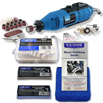 Rotary Multi Hobby Tool in blue with 57-piece accessories, felt bobs, polishing compounds, guide and microfibre cloth
