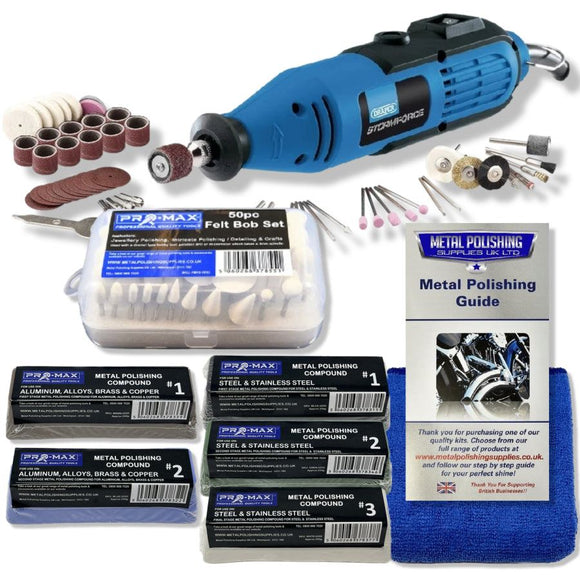 Rotary Multi Hobby Tool in blue with polishing attachments, felt bobs, compounds, guide and microfibre cloth