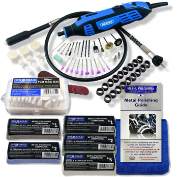 Rotary Multi Hobby Tool in blue with flexi shaft, assorted accessories, felt bobs, polishing compounds and storage cases