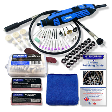 Rotary Multi Hobby Tool in blue and black with flexi drive shaft, polishing bobs, compounds and accessories
