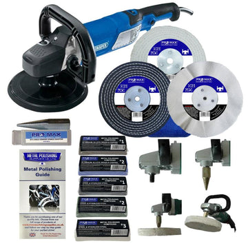 Sander Polisher 1200W in blue and black, with polishing wheels, compounds, adapters and metal polishing guide