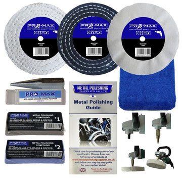 Sander Polisher 7-piece metal polishing kit with three buffing wheels, compounds, adapter, cloth and guide