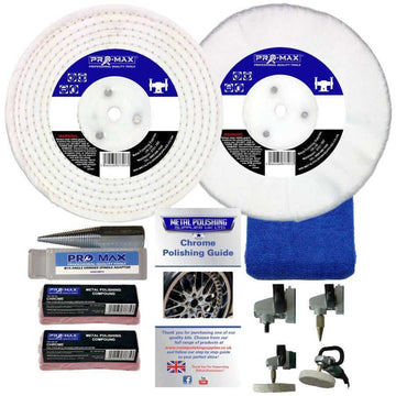 Sander Polisher chrome metal polishing kit with white buffing wheels, compound bars, adaptor and guide

