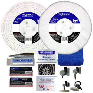 Sander Polisher chrome metal polishing kit with white buffing wheels, compound bars, adaptor, cloth and guide