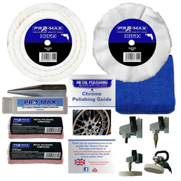 Sander Polisher chrome metal polishing kit with white buffing wheels, compounds, spindle adaptor and cloth