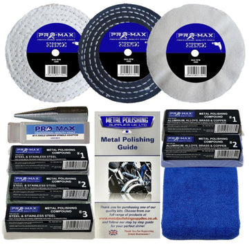 Sander Polisher metal polishing kit with three buffing wheels, spindle adaptor, compounds, guide and blue cloth