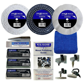 Sander Polisher Steel metal polishing kit with three buffing wheels, compounds, spindle adaptor and cloth