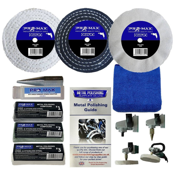 Sander Polisher Steel metal polishing kit with three buffing wheels, compounds, spindle adaptor and cloth