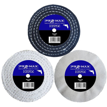 Drill Steel And Stainless Steel polishing buffing kit with three Pro-Max fabric wheels in dark blue and white