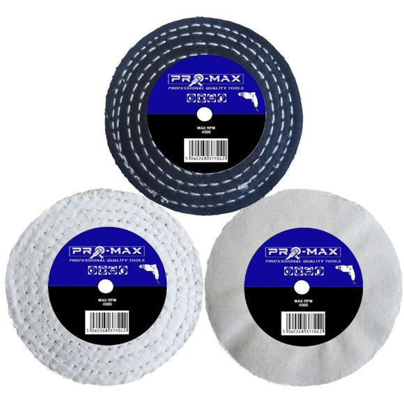 Drill Steel And Stainless Steel polishing buffing kit with three Pro-Max fabric wheels in dark blue and white