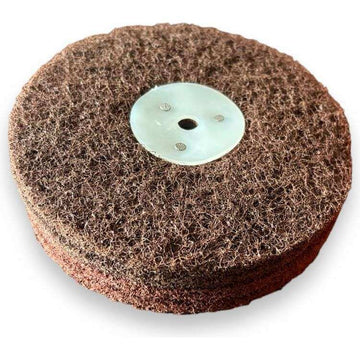 Satin Web Abrasive Sanding Wheel in brown abrasive nylon web, two-section design with central metal hub