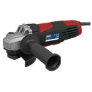 Sealey 115mm angle grinder in black and red, with a silver metal gear head and side handle