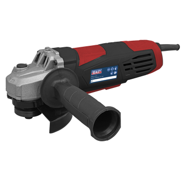 Sealey 115mm angle grinder in black and red, with a silver metal gear head and side handle