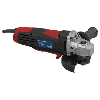 Sealey 115mm angle grinder in red and black with a metal gear head, side handle and protective disc guard