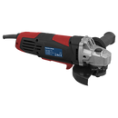 Sealey 115mm angle grinder in red and black with a metal gear head, side handle and protective disc guard