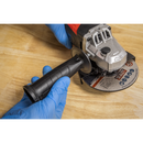 Sealey 115mm angle grinder with silver metal gear head, black side handle and abrasive cutting disc