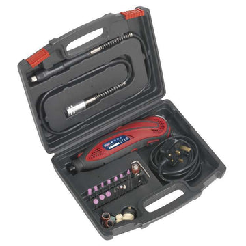 Sealey 135W Rotary Hobby Tool with red and black body, flexi-drive shaft and assorted accessories in case