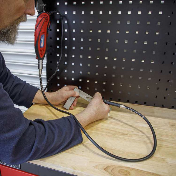Sealey 135W Rotary Hobby Tool with red handheld body and flexible drive shaft for detailed engraving