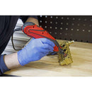 Sealey 135W Rotary Hobby Tool with red plastic housing, black grip and flexible shaft engraving a brass component