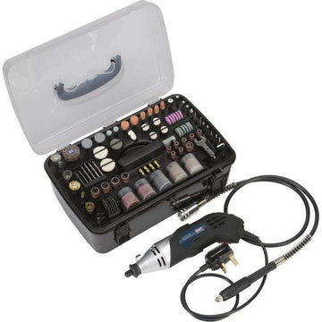 Sealey 170W Rotary Hobby Tool in black with flexible shaft and extensive accessory kit in storage case