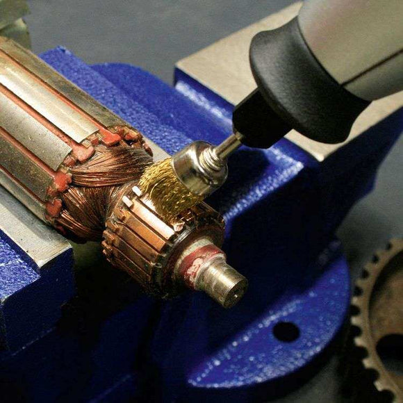 Sealey 170W Rotary Hobby Tool with brass wire brush cleaning a copper motor component