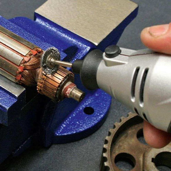 Sealey 170W Rotary Hobby Tool in silver with black controls, using a wire brush on a motor armature