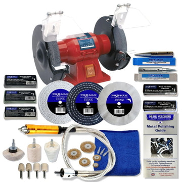 Sealey 6" 150W Bench Grinder with red housing, grinding wheels and complete Pro-Max metal polishing kit