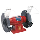 Sealey 6" 150W Bench Grinder with red metal body, two grey grinding wheels and clear eye shields