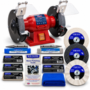 Sealey 6" 150W Bench Grinder in red with black grinding wheels, clear shields and an arranged Pro-Max polishing kit