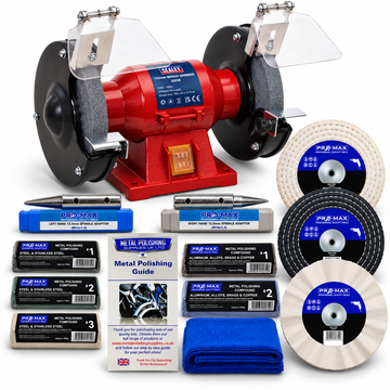 Sealey 6" 150W Bench Grinder in red with black grinding wheels, clear shields and an arranged Pro-Max polishing kit