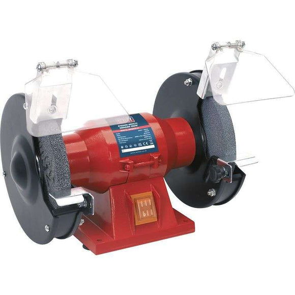 Sealey 6 bench grinder in red metal, featuring twin abrasive wheels, clear eye shields and adjustable tool rests