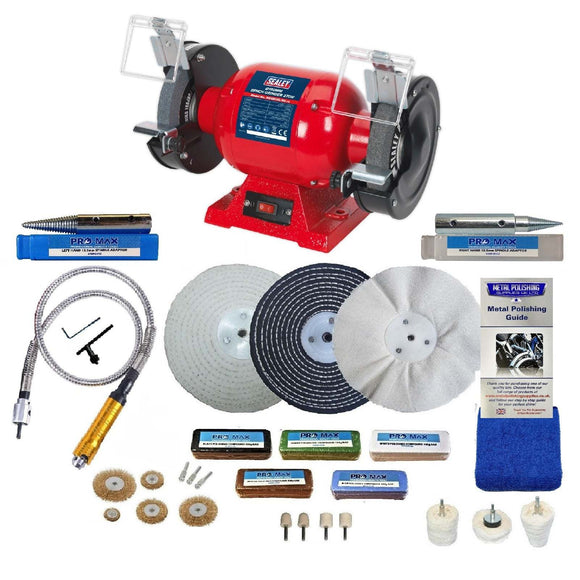 Sealey 6" 370W Bench Grinder in red with twin grinding wheels and a metal polishing kit with wheels and compounds