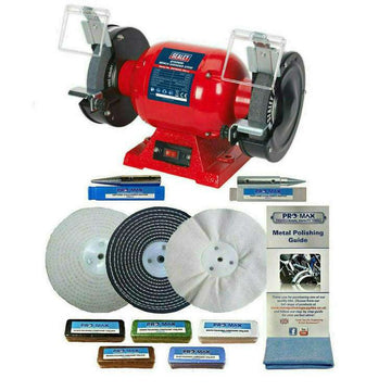 Sealey 6" 370W bench grinder in red with clear guards, buffing wheels, polishing compounds and guide
