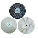 Sealey 6" 370W Bench Grinder polishing wheels in black, white and silver fabric with metal centres