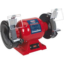 Sealey 6" 370W Bench Grinder in red metal housing with dual abrasive wheels and clear safety guards