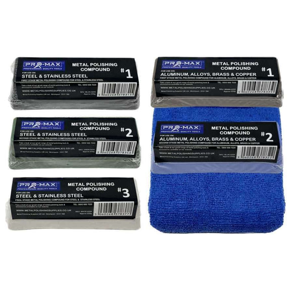 Metal Polishing Compound kit with five coloured bars and a blue microfibre cloth, labelled for metal surfaces