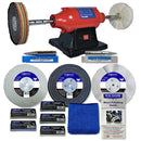 Sealey 6" 370W Bench Polisher, red and black metal machine with polishing wheels, compounds and guide