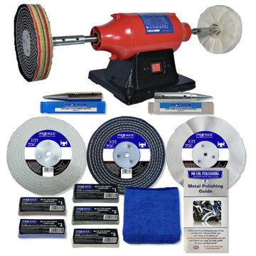 Sealey 6" 370W Bench Polisher, red and black metal machine with polishing wheels, compounds and guide
