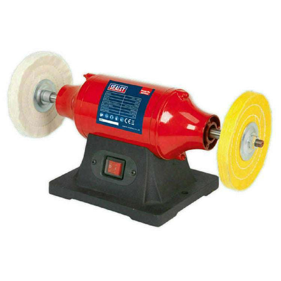 Sealey 6" 370W Bench Polisher with red metal body, black cast iron base and two polishing wheels