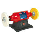 Sealey 6" Bench Polisher with red metal housing, black cast iron base and two mounted polishing wheels